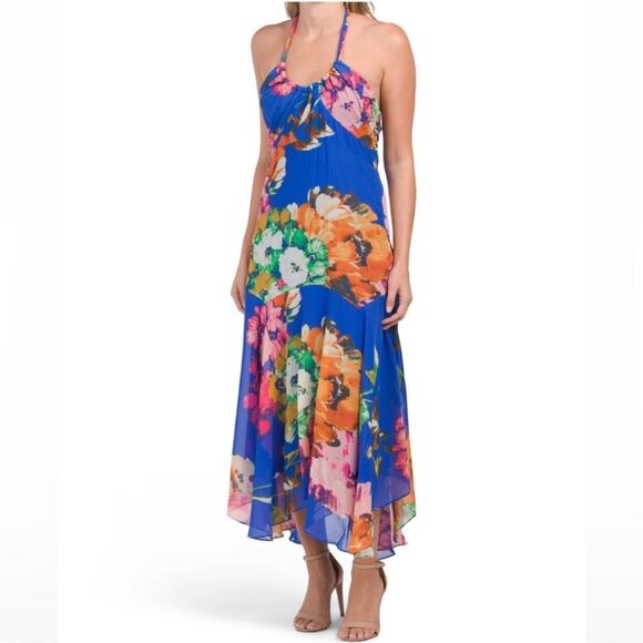 NWT Taylor Blue Floral Maxi Dress Open Back Halter Neckline Ruffled Hem Women 10 - Picture 2 of 6